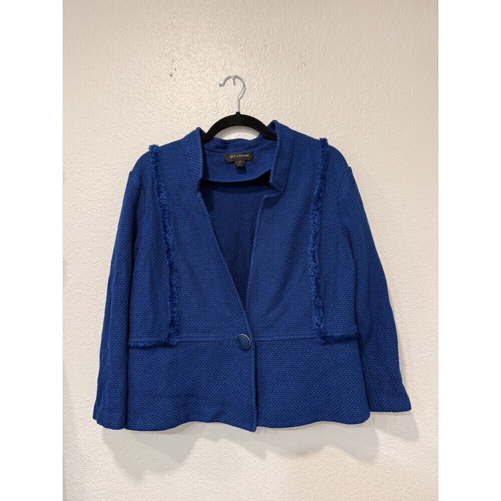 ST JOHN Women's Cobalt Blue Fringe Notch Collar Jacket Size 16
